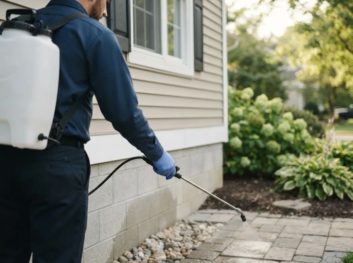 Pest control technician inspecting a home in Fultonville, NY
